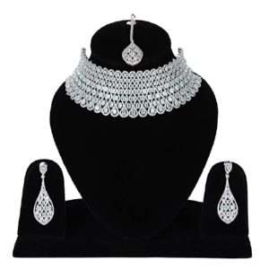 Seasworth Silver Color Necklace Latest Chocker Design Stylish Fancy Antique Diamond Traditional Necklace Jewelery Set For Women and Girls