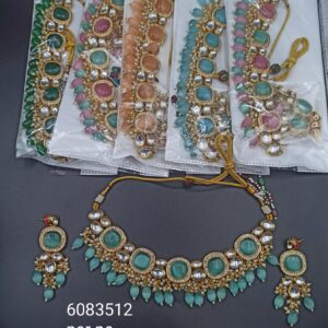 Pink Copper Gold Plated Kundan Handmade Necklace Earrings Maangtika Set Jewellery.